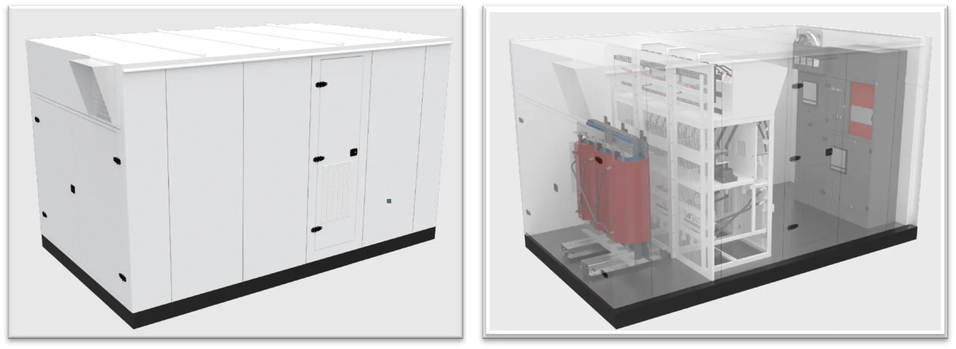FlexEpod exterior and transparent cutaway — factory-finished enclosure with personnel access doors alongside a ghosted view revealing MV switchgear, dry-type transformer and LV panel inside.