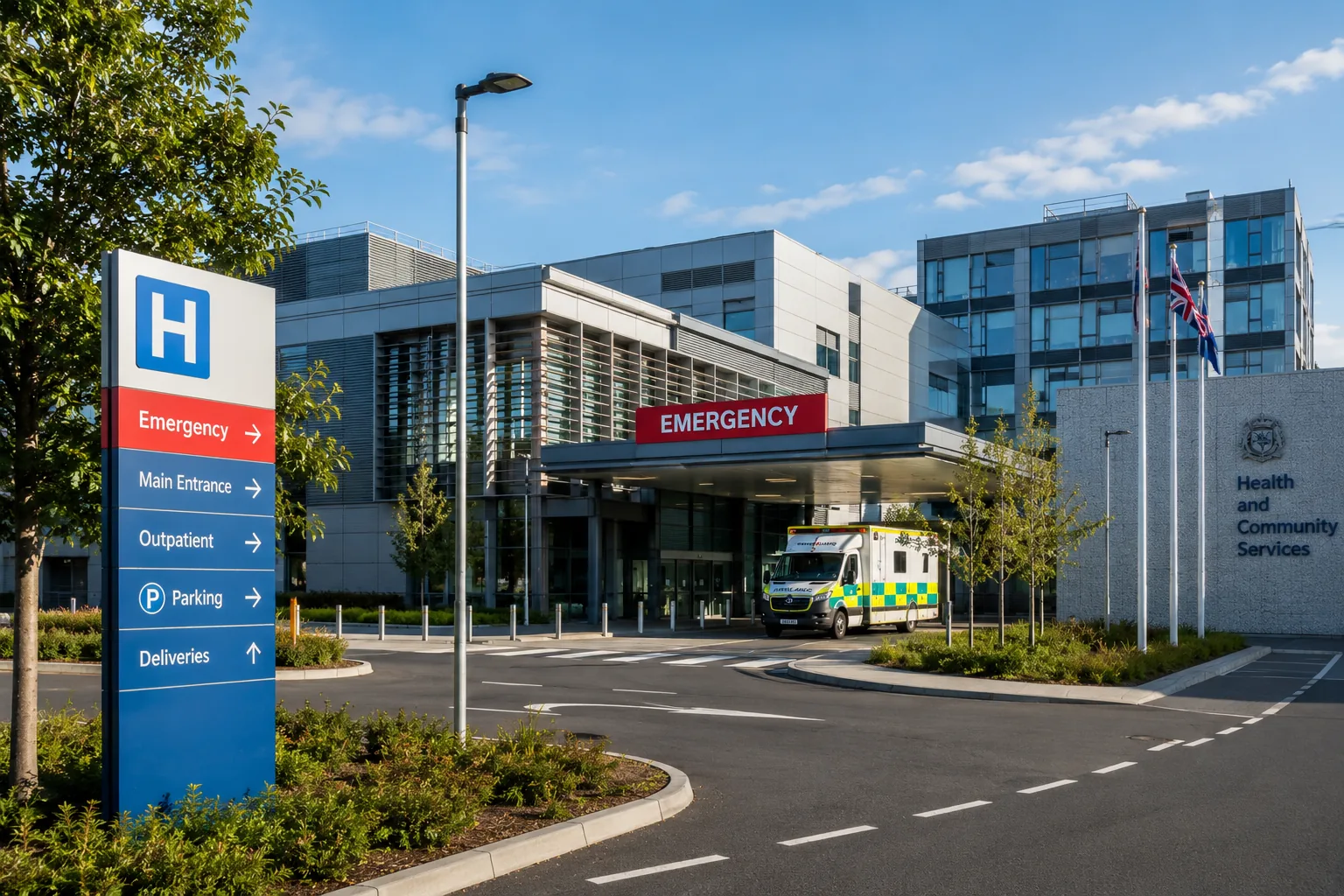 Modern hospital emergency department entrance with ambulance and signage