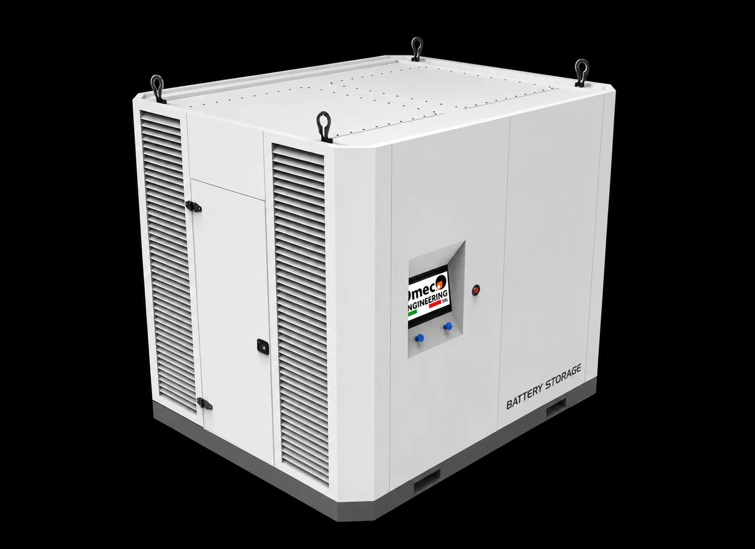 FlexEpod battery storage enclosure — compact outdoor unit with forced ventilation and integrated control panel.