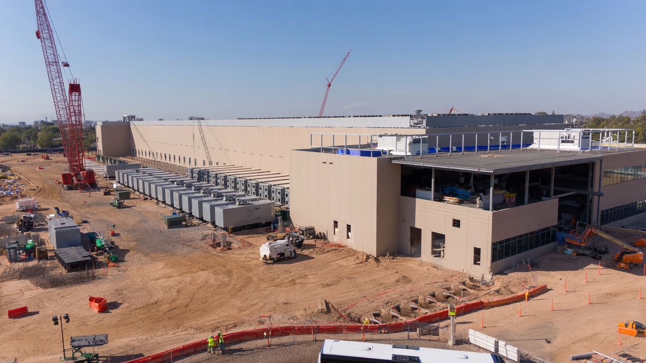 FlexEcool units on a live data centre site — modular cooling enclosures deployed alongside the main facility, ready for commissioning.
