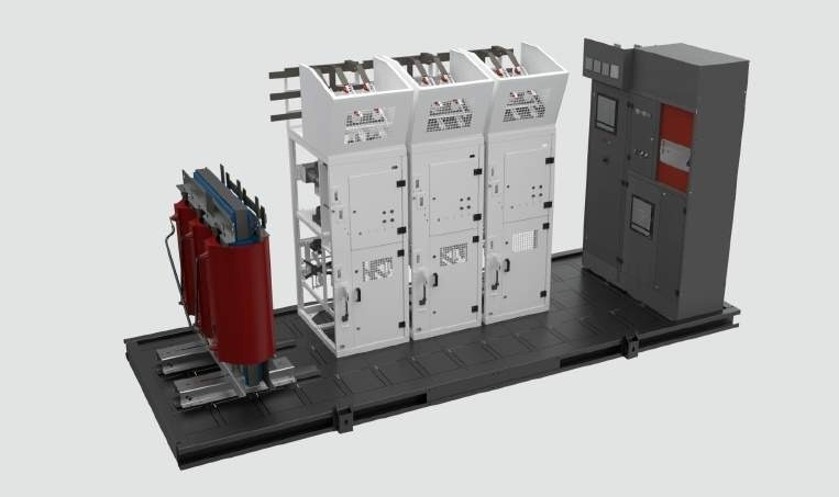 FlexEpod skid-mounted switchgear and transformer arrangement — MV cubicles, dry-type transformer and control panel on a modular base.