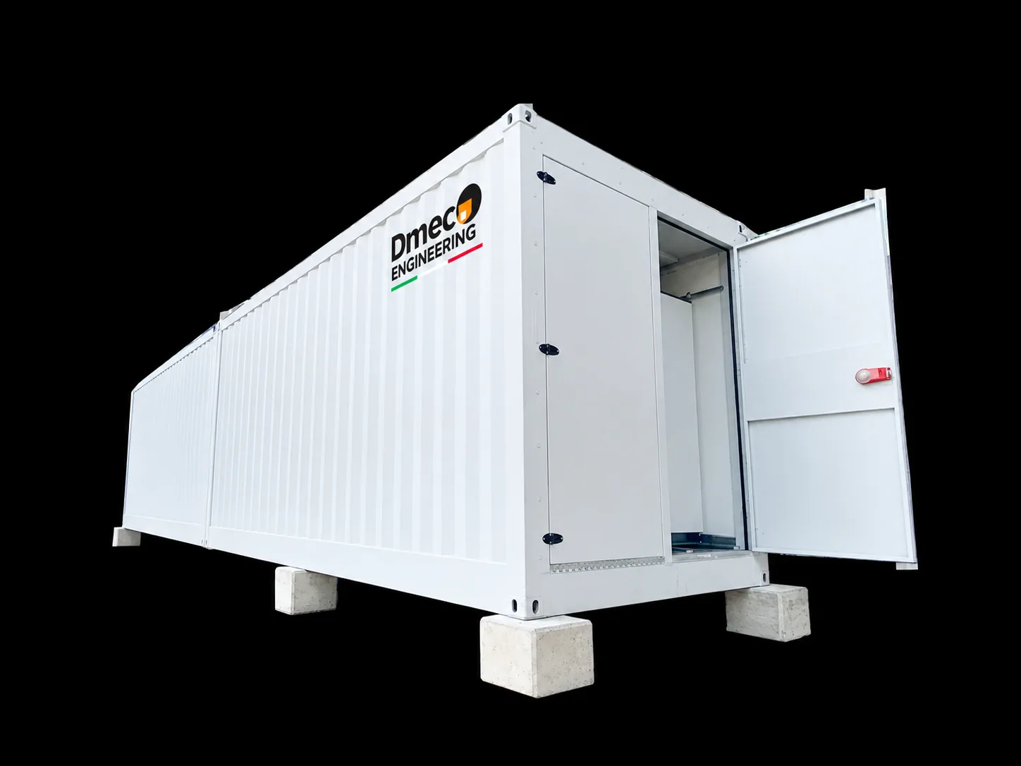 FlexEstack container enclosure on concrete blocks — Dmeco Engineering branded ISO unit with open service doors.