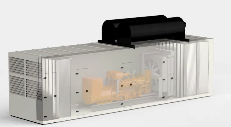 FlexEgen transparent cutaway — diesel genset with radiator and alternator visible inside the acoustic enclosure, showing internal layout and service access.