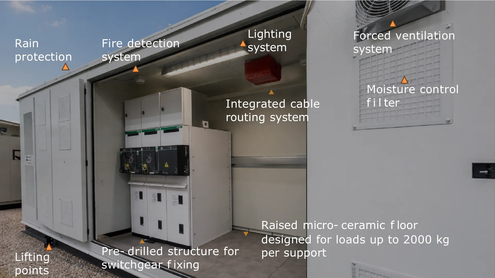 Standard features — rain protection, fire detection, lighting, forced ventilation, moisture control, raised micro-ceramic floor and pre-drilled switchgear fixings.