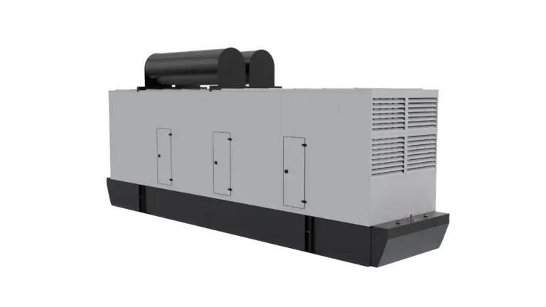 FlexEskid 3D render — acoustic genset enclosure with access doors, ventilation louvres and rooftop exhaust silencers on a structural skid base.