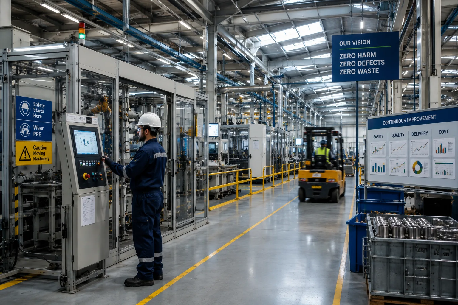 Operator at control panel on a live manufacturing line with safety signage and continuous improvement boards