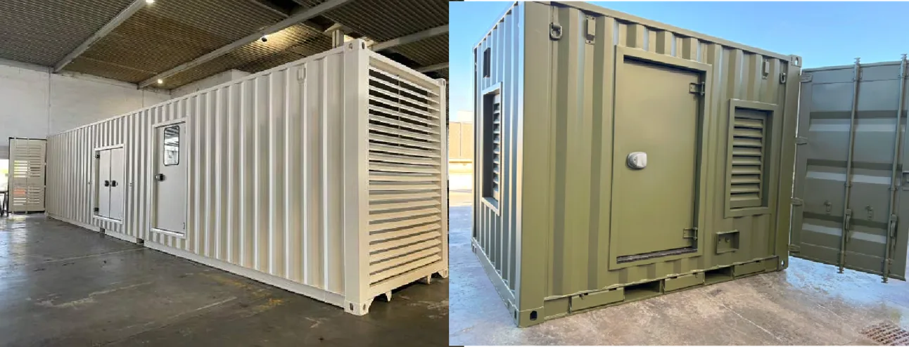 FlexEstack variants — long-format white and compact olive units showing access and ventilation detail.