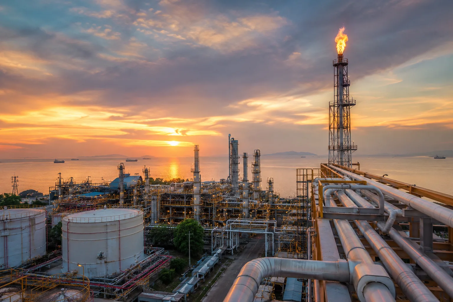 Oil refinery at sunset with flare stack and processing towers