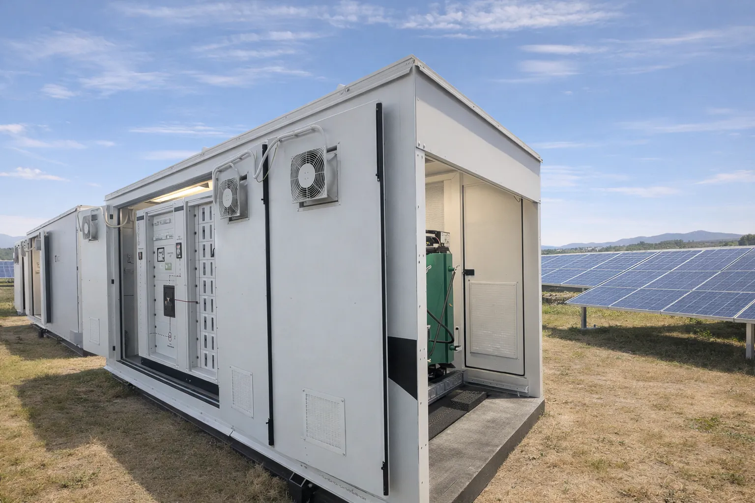FlexEpod switchgear enclosure on a solar farm — doors open for equipment access with photovoltaic arrays in the background.