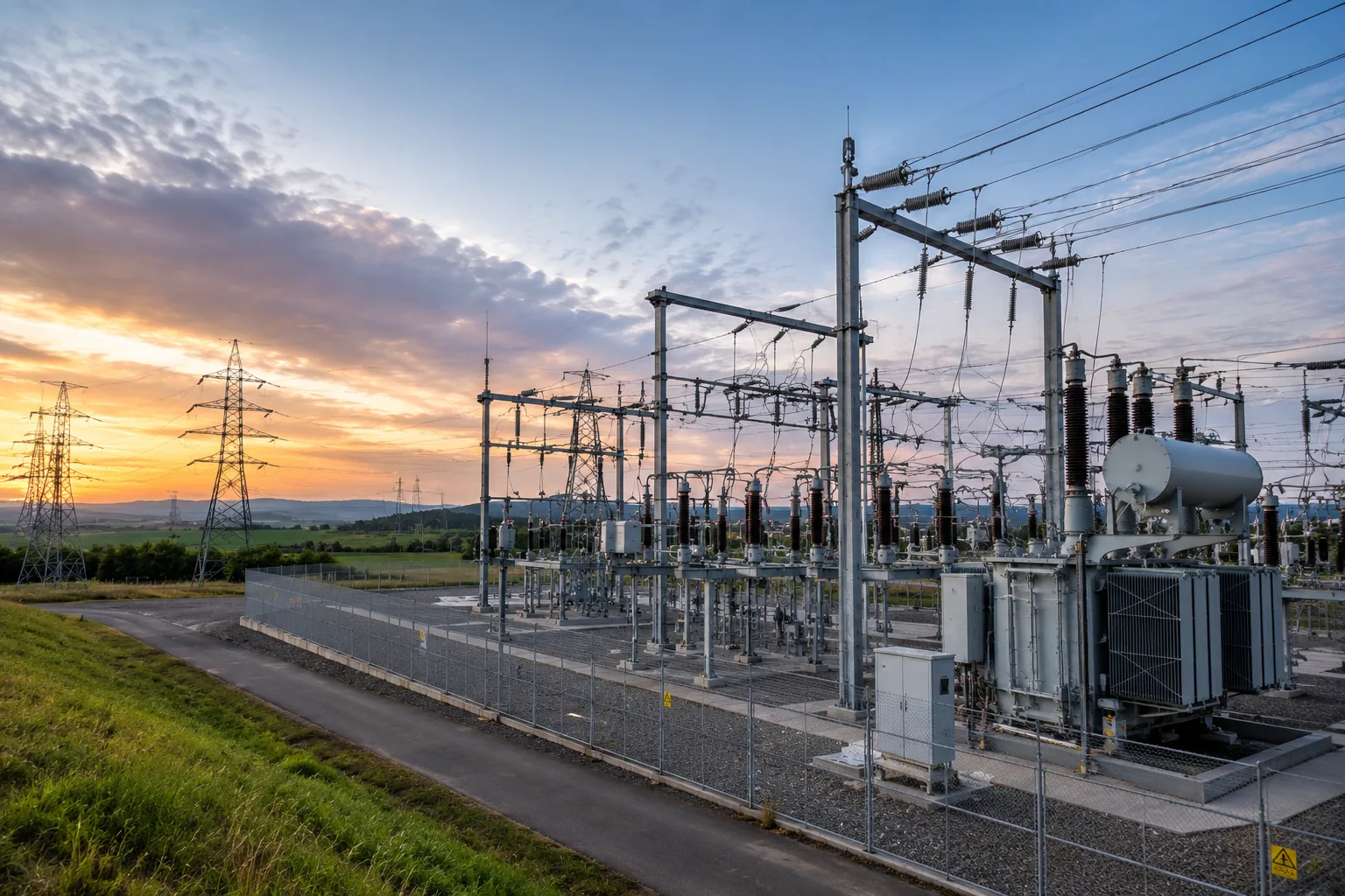 High-voltage electrical substation at sunset with transformers and transmission towers