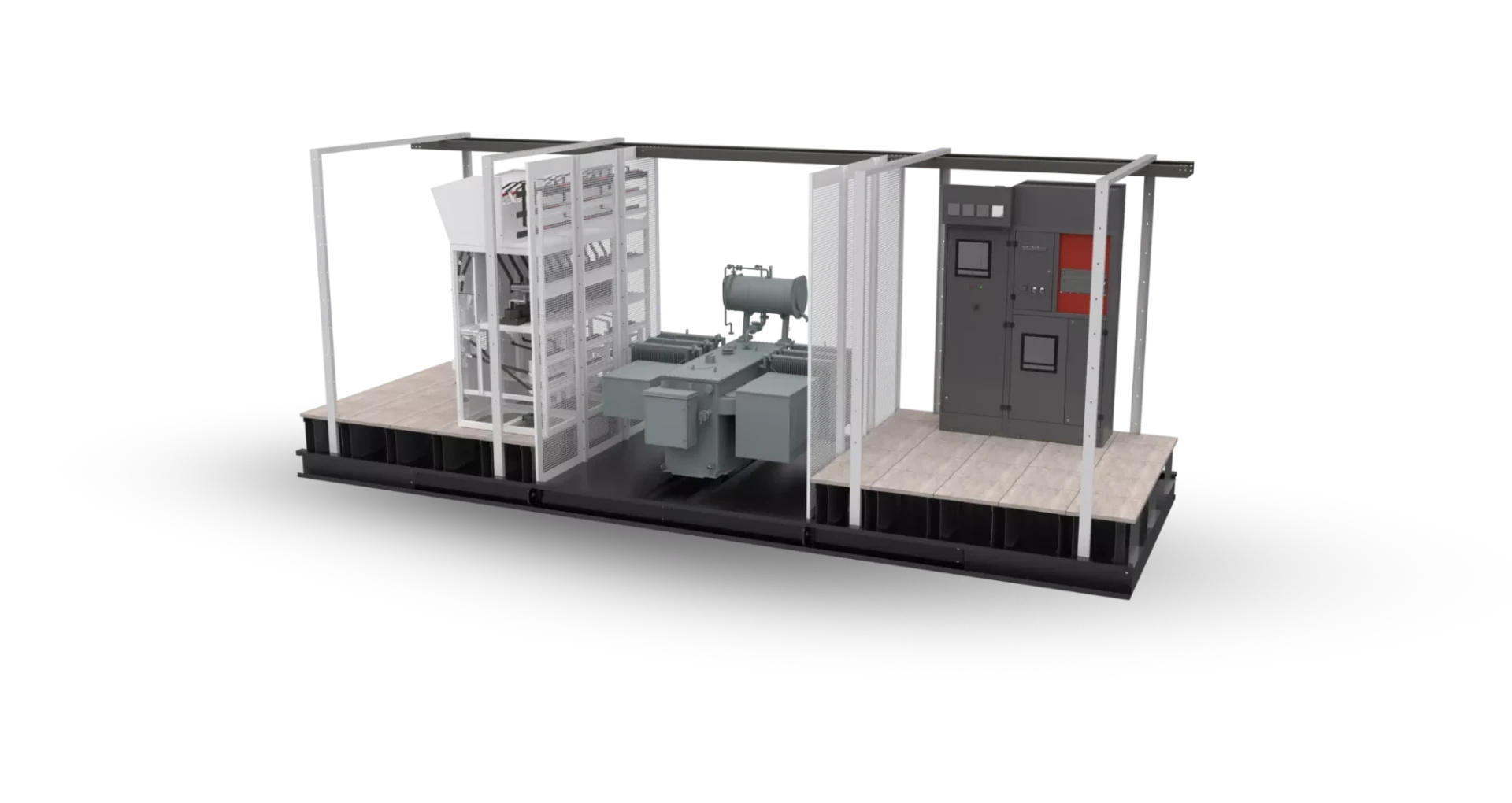 FlexEhouse skid layout — MV switchgear, dry-type transformer and LV/control panel pre-assembled on a structural steel base for single-lift install.