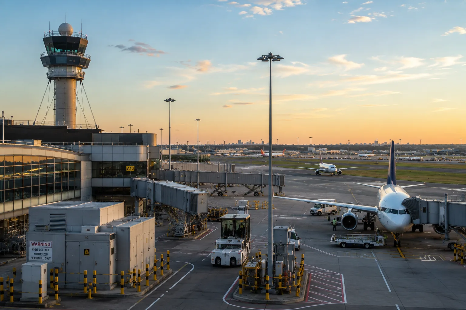 Airport apron at sunset with control tower, jet bridges and aircraft at gate