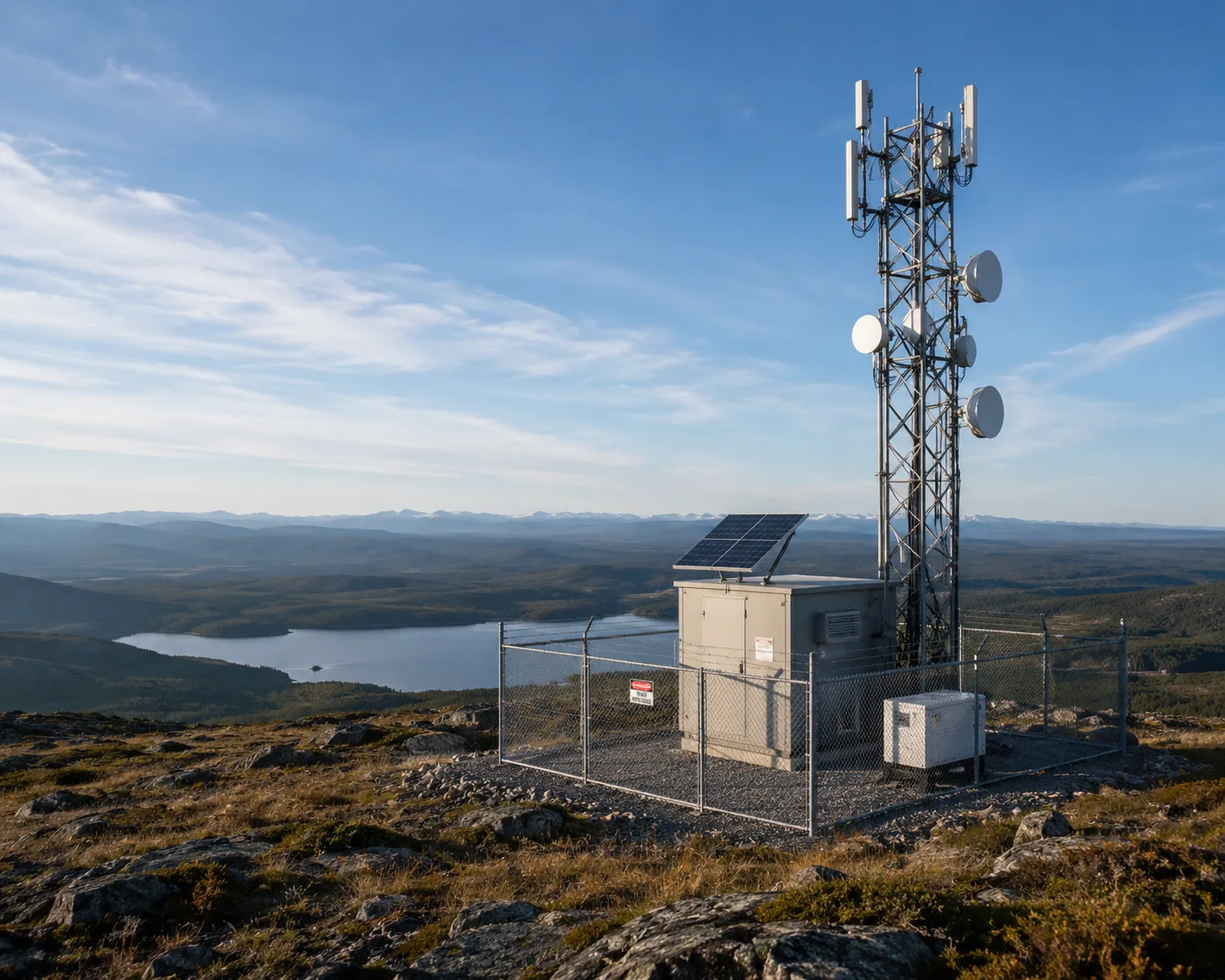 Remote telecom tower with equipment shelter on a mountain landscape